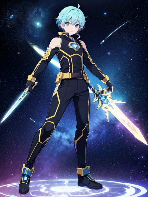 Space-colored hair, galaxy-colored eyes, space warrior, strongest in the universe, user of galactic magic, has a cool sword, male, cool, his entire body is shown, only one person is shown,