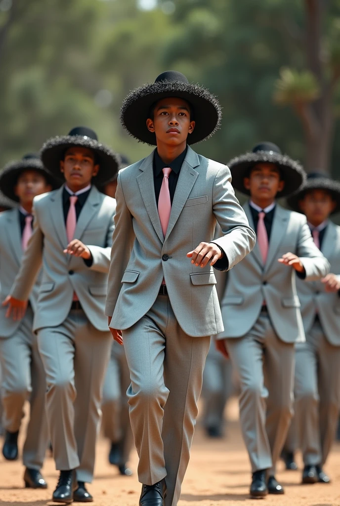Group of young indigenous men dancing in light grey suits, black hat with lead trim, baby pink tie, White shirt, and black scarf, black shoes.