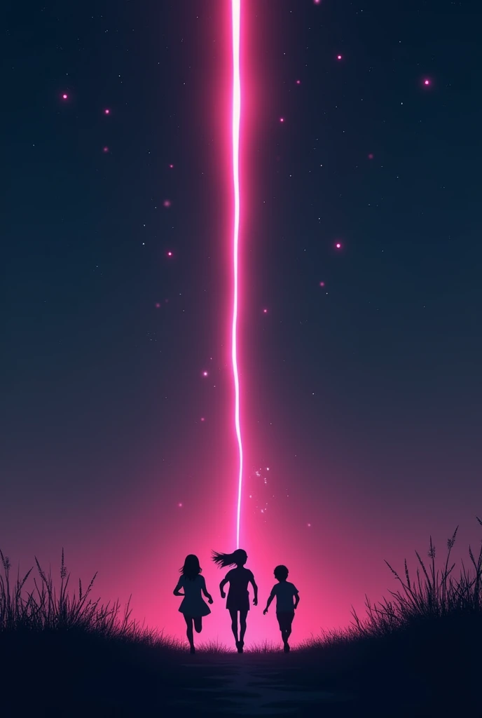 A minimalist book cover for "The Court of the Pink Queen", a shooting pink star in the sky, 2 girls, 1 boy running, silhouette backlit