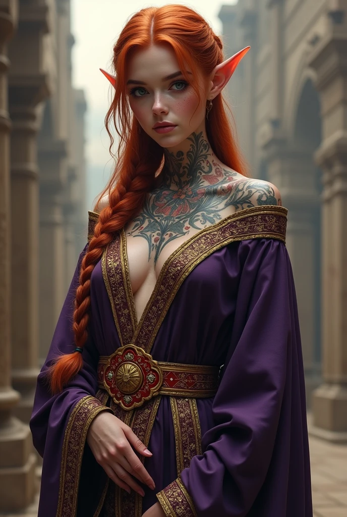 Beautiful 1 ginger slim thin elf sorceress, young girl with slim body, gorgeous model, athletic thin body, ancient city in background, ultra realistic, Dark Elf, Perfect face, slim lips, slim nose, athletic model, golden trim on clothes, wearing dark purple and golden sorceress robe, pussy, titts, nsfw: 1.8, small elf ears, beautiful model, gorgeous model, unique face, small pointy straight ears, medium breasts, breasts 30c size, small waist, slim athletic legs, long red hair in long ceremonial warriors braid, freckles on face, freckles on shouldes, freckles on chest, ultra realistic, wearing a gold red and purple belt and nothing else under the robe: 1.6, model is nude except for the belt: 1.8, white and pale skin, scary Dark Elf tattoo's cover most of her body: 1.5, blood and scares on body, scars and blood on body, body covered in blood from battle and scars, large brightly colored master's tattoos cover face and body: 1.8, elven tattoos on body, blood red lips, dark purple eye makeup, arri alexa 65, film look, cinematic, natural dynamic pose, very exposed and nsfw:1.8