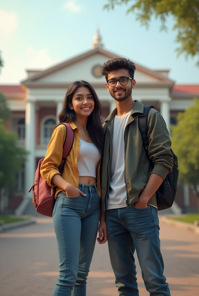 Create a india engineering student stand girl friend infront of College