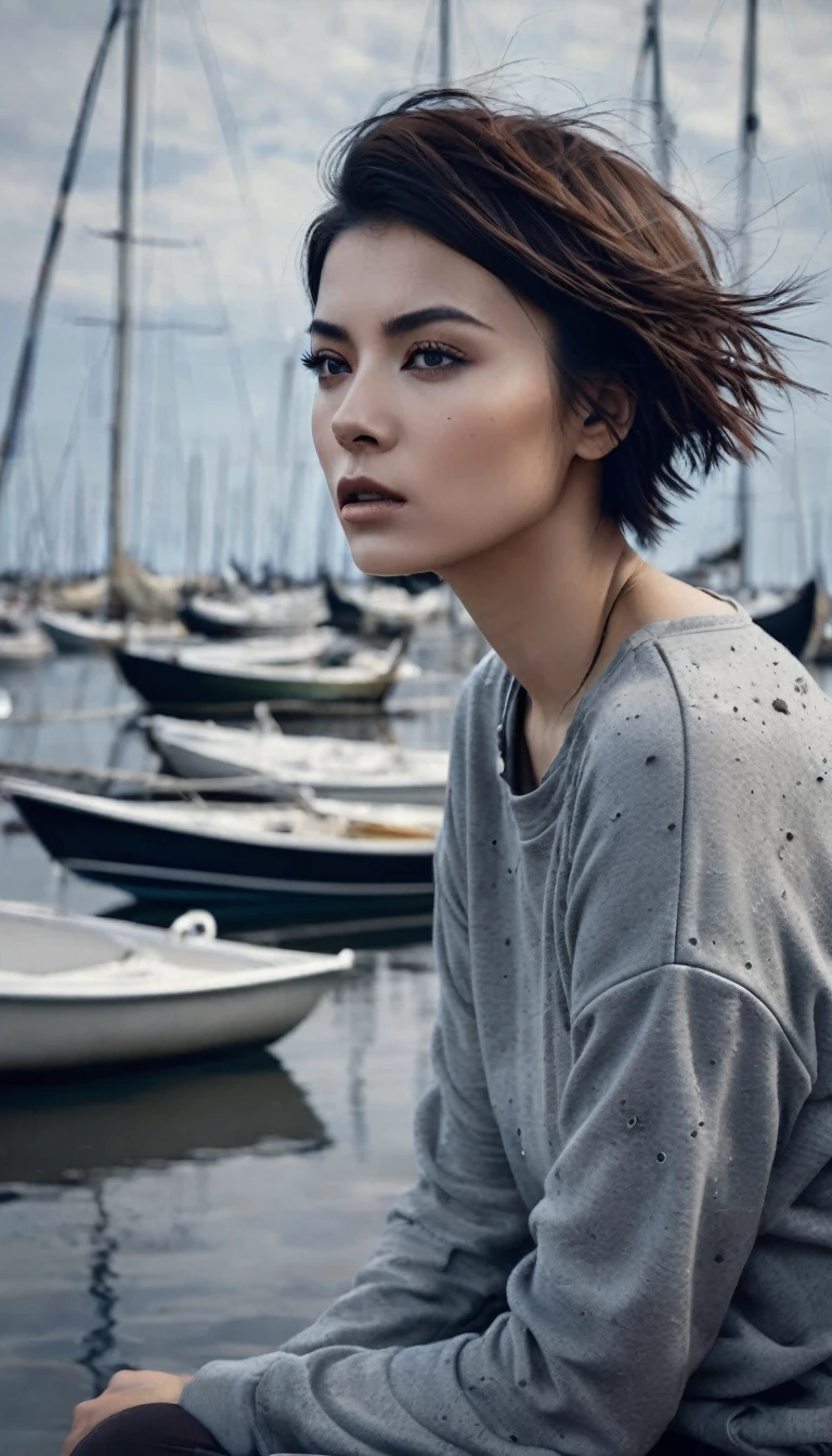 a expressive woman,Blunt bob,Brunette,Athleisure Comfy sweatpants in a soft grey fleece material.,claw pose,,Calm sky with sailboats on the horizon,Middle Ages,Grunge style Textured distressed vintage edgy punk rock vibe dirty noisy,style by Misha Gordin,bokeh professional 4k highly detailed,Fujichrome Provia 100F,split lighting