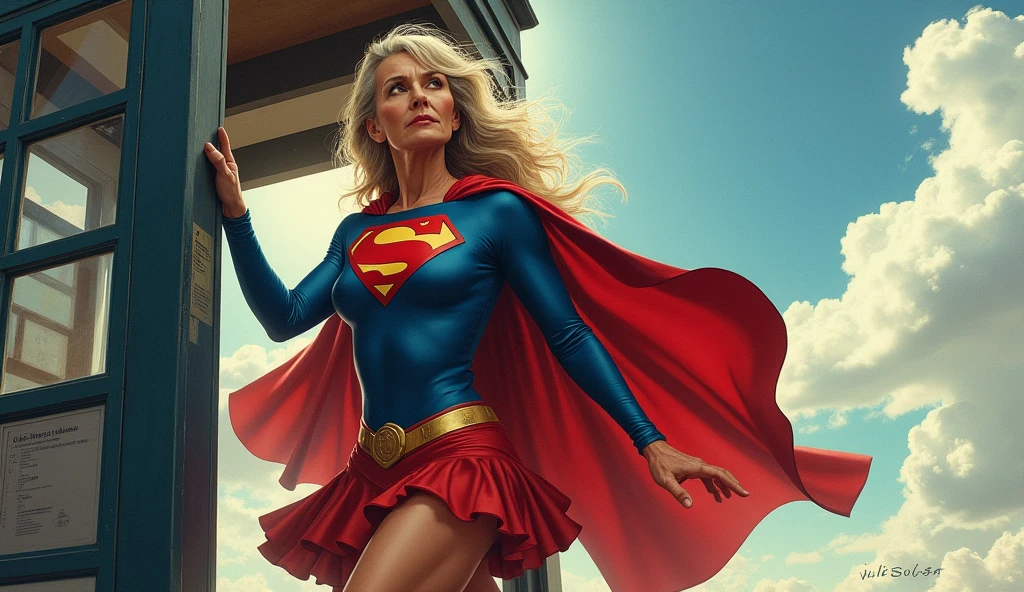 Julie Hagerty(((very beautiful old Supergirl (((1984s costume))); Julie Hagerty))) Super old woman Julie Hagerty; confident, powerful, indestructible, attractive; big and firm chest; strong breasts; saindo de uma cabine telefônica e decolando para o céu, By Georege Perez