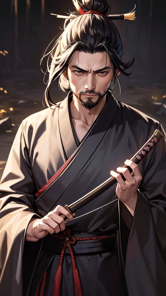 A portrait of Miyamoto Musashi, the legendary Japanese swordsman, standing confidently, stern expression, deep concentration, long black hair tied in topknot, short beard, traditional samurai outfit with dark hakama and kimono, two katana swords crossed over back, bamboo forest at dusk, soft glow of lanterns, mystical atmosphere, relaxed yet ready for combat, mastery of swordsmanship, (best quality,8k,highres,masterpiece:1.2),ultra-detailed,(realistic,photorealistic:1.37),portraits,dark moody lighting,dramatic shadows,muted colors,japanese art,ukiyo-e