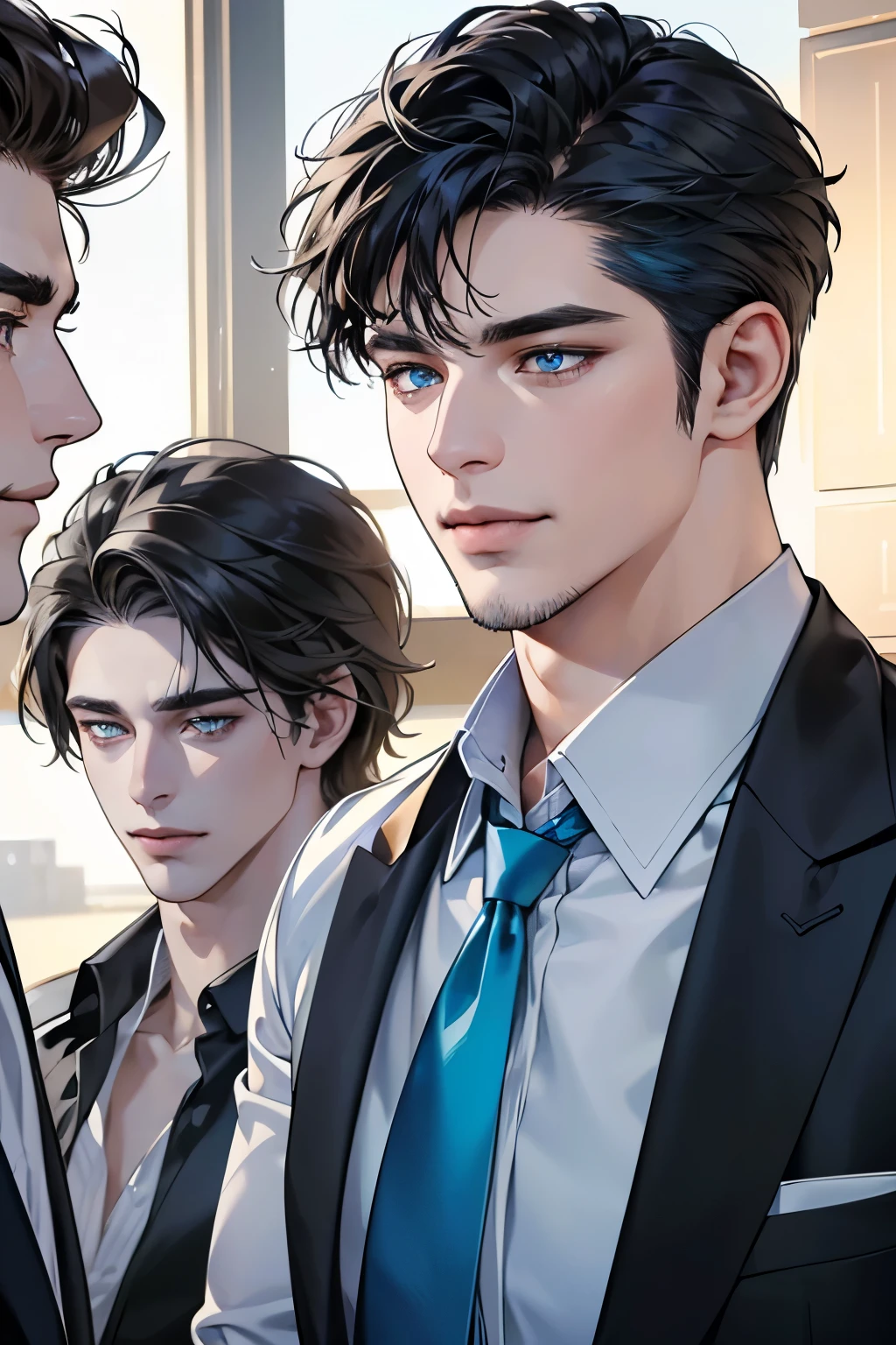 a handsome 3 man, 3 day beard, dark hair, sharp jawline, (mesmerizing blue eyes), perfectly styled hair, wearing cool anime outfitt, dynamic lighting, (CEO), (expression, smile in love), (best quality,4k,8k,highres,masterpiece:1.2),ultra-detailed,(realistic,photorealistic,photo-realistic:1.37)