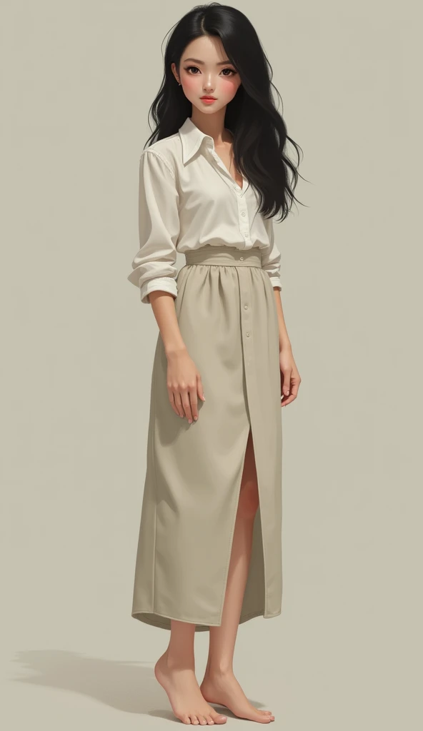 "A slim、Black-haired woman with black hair, Round eyes，Expressive, Brown lips, short and small, Wearing a dress consisting of a long skirt and a white shirt, barefoot, No shoes, In a relaxed and natural posture."