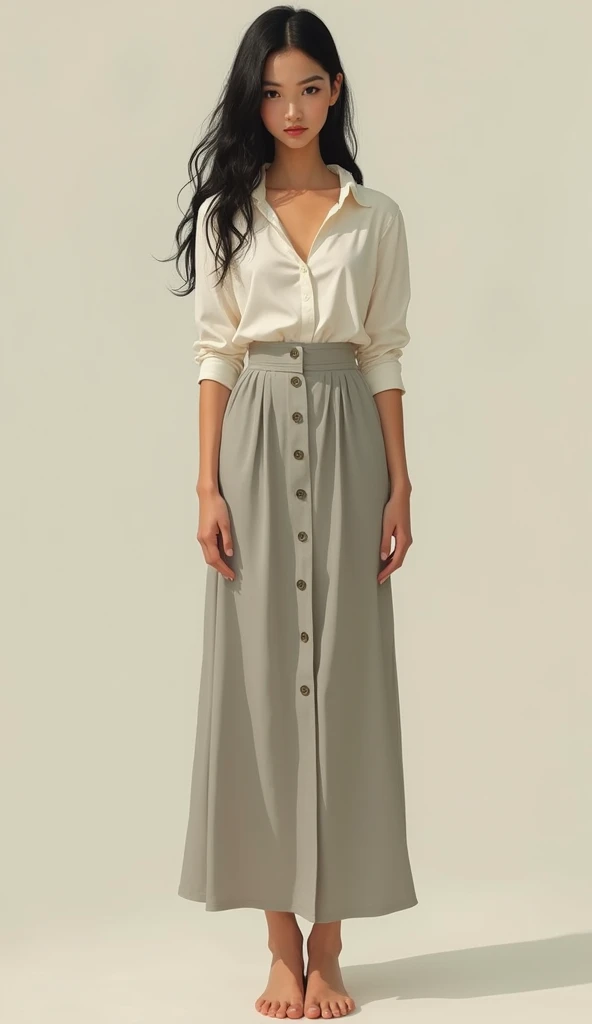 "A slim、Black-haired woman with black hair, Round eyes，Expressive, Brown lips, short and small, Wearing a dress consisting of a long skirt and a white shirt, barefoot, No shoes, In a relaxed and natural posture."