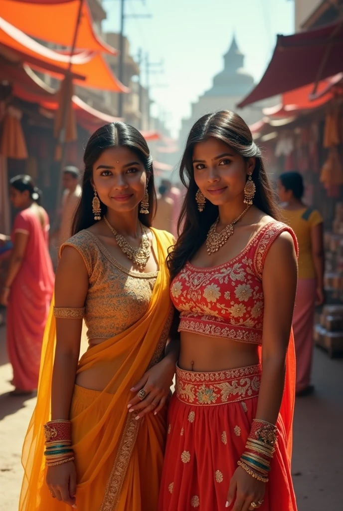 Beautiful Indian women wearing half blouse and short lehenga in , background in market of Indian and little crowd