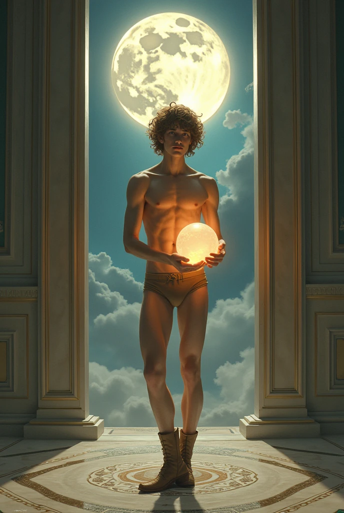 1boy, long shot, full body angle, arms detail, body detail, legs detail, face detail, feets detail, hands detail, slender body, soft youthful face, curly shaggy shoulder-length hair, slip light brown underwear, detailed boots on the feet, immense and grand modern house, sky moonlight in the background, floor detail, standing with one arm behind him and in one hand he holds a crystal ball that shines, dynamic divine pose, divine work of art, surreal fantastic aesthetics, an afternoon sky as seen in the background, dramatic lighting, full body, body hairless, dominating, white or white skin, gighly light, highly detailed, looking at the audience, photography, detailed skin, real person, crazy detail, hype maximization, lighting complex detail , Highly detailed, Digital painting, artstation, concept art, smooth, sharp focus, illustration, Unreal Engine 5, art by Ross Tran and Greg Rutkowski and Alphonse Mucha, Show men only .8k Ultra HD, dslr, dim lighting, high quality, film grain, Fujifilm XT3, 2-person, two-person model. hype surrealism, hype surrealism, by Shen Quan, Skin detailed), Real people, Reality, realistic optics, crazy details, Face model details, Maximum magnification, Exaggerated SurReality, quite, Light and intricate details, High detail, high detail, digital painting, art station, concept art, soft focus , pointy, illustration, unreal engine 5, 8k, art by Ross Tran and Greg Rutkowski and Alphonse Mucha, ultra HD, 8k, male only screen .8k Ultra HD, dslr, low light, high quality, Fujifilm XT3, male fan, model of 2 people, two people, 8k hd, handsome and cute , white skin , handsome model , white ski, beautiful young male model, an attractive man 18-2 aesthetic, Sunshine sports student, asianboy, bulgej8, slender body, soft youthful face, handsome boy, 1boy, boy,