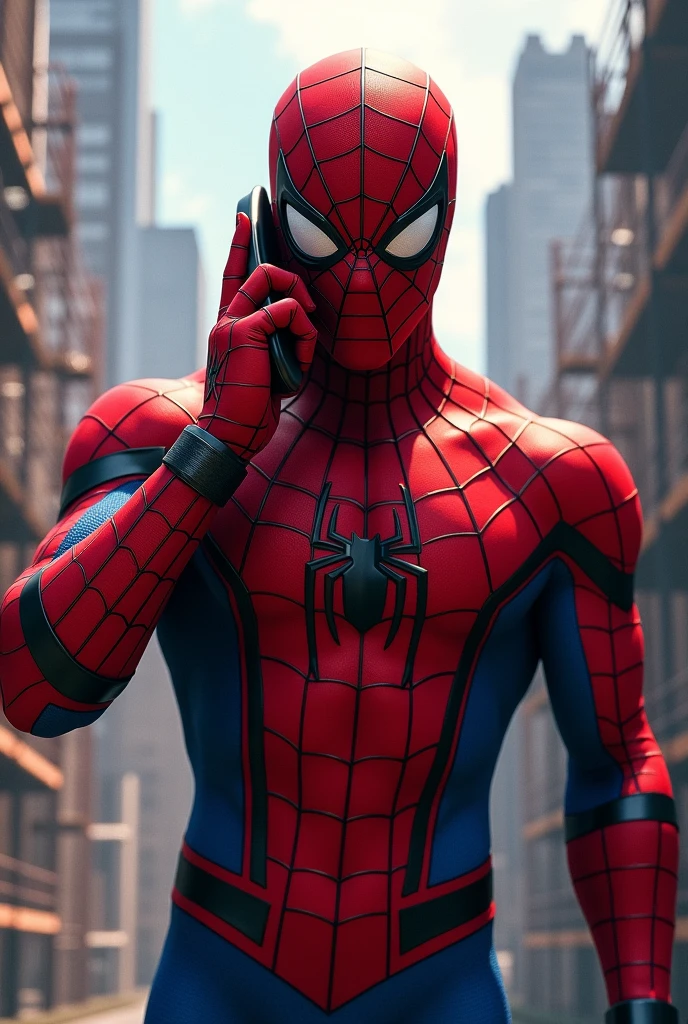 Spiderman whit face mask talking phone with shocked