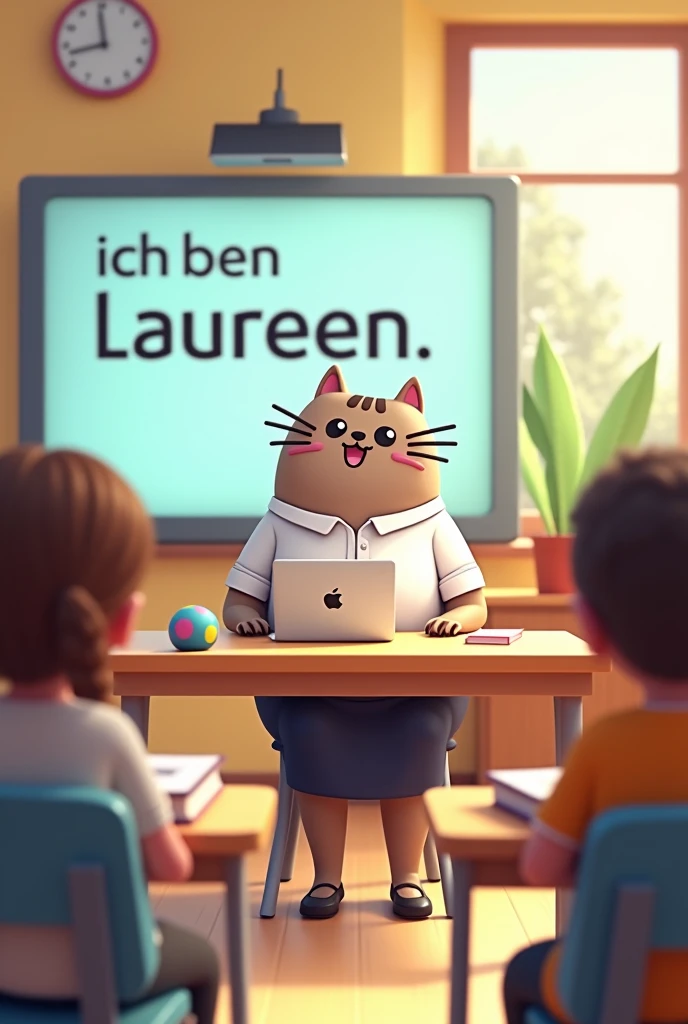 Create an image of a young female teacher represented as the character Pusheen in a B2 German language class. The teacher is seated at a desk that has a silver MacBook, a few books, and a medium-sized colorful ball. Behind her is a large electronic smartboard displaying the text 'Ich bin Laureen.' The classroom should have a modern and vibrant look, with students who are around 2 seated at desks, actively engaged in the lesson."