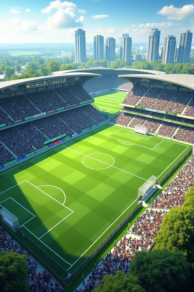 Create a sports complex with soccer fields surrounded by two-story buildings and green areas decorated with flowers.