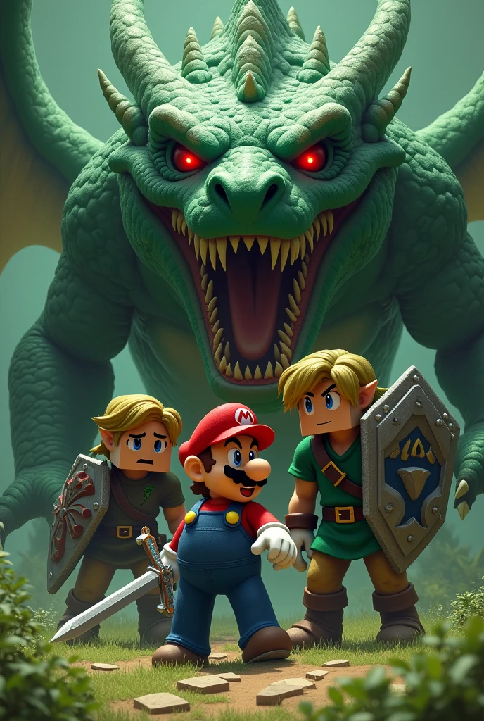 The Mario Bros Character Scared Of A Dragon With Link Protecting Him And Steve From Minecraft With Diamond Armor And A Green Background Behind Them