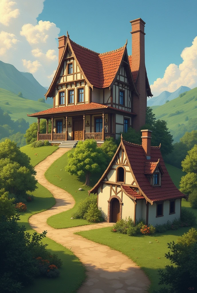 Image: A small village with a lavish house representing the wealthy merchant and a modest house representing the poor farmer.