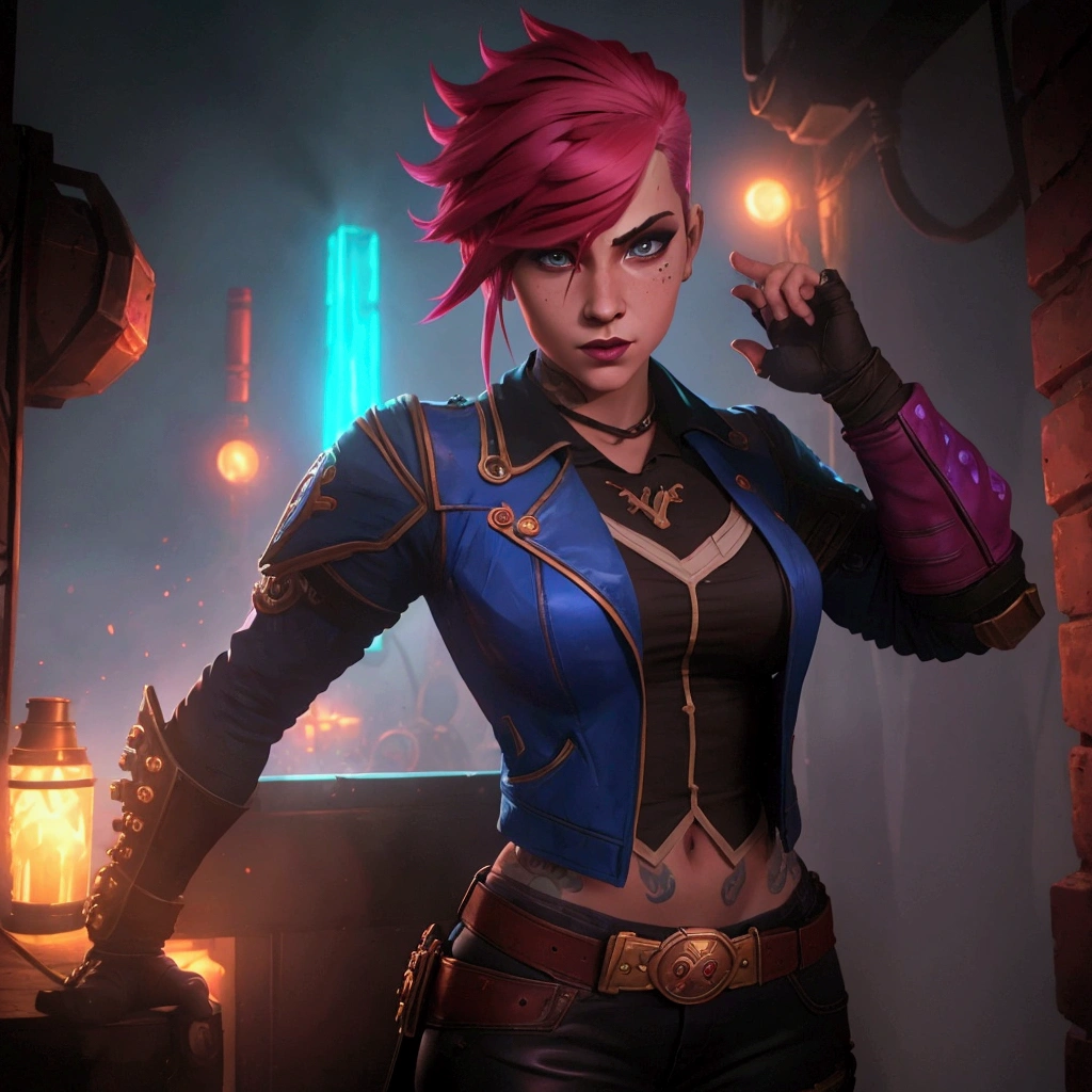 a close up of a woman with pink hair and a blue jacket, vi from arcane, portrait of jinx from arcane, arcane jinx, artgerm julie bell beeple, inspired by Jules Chéret, vi from league of legends, zarya, character splash art, samira from league of legends, league of legends character, kda