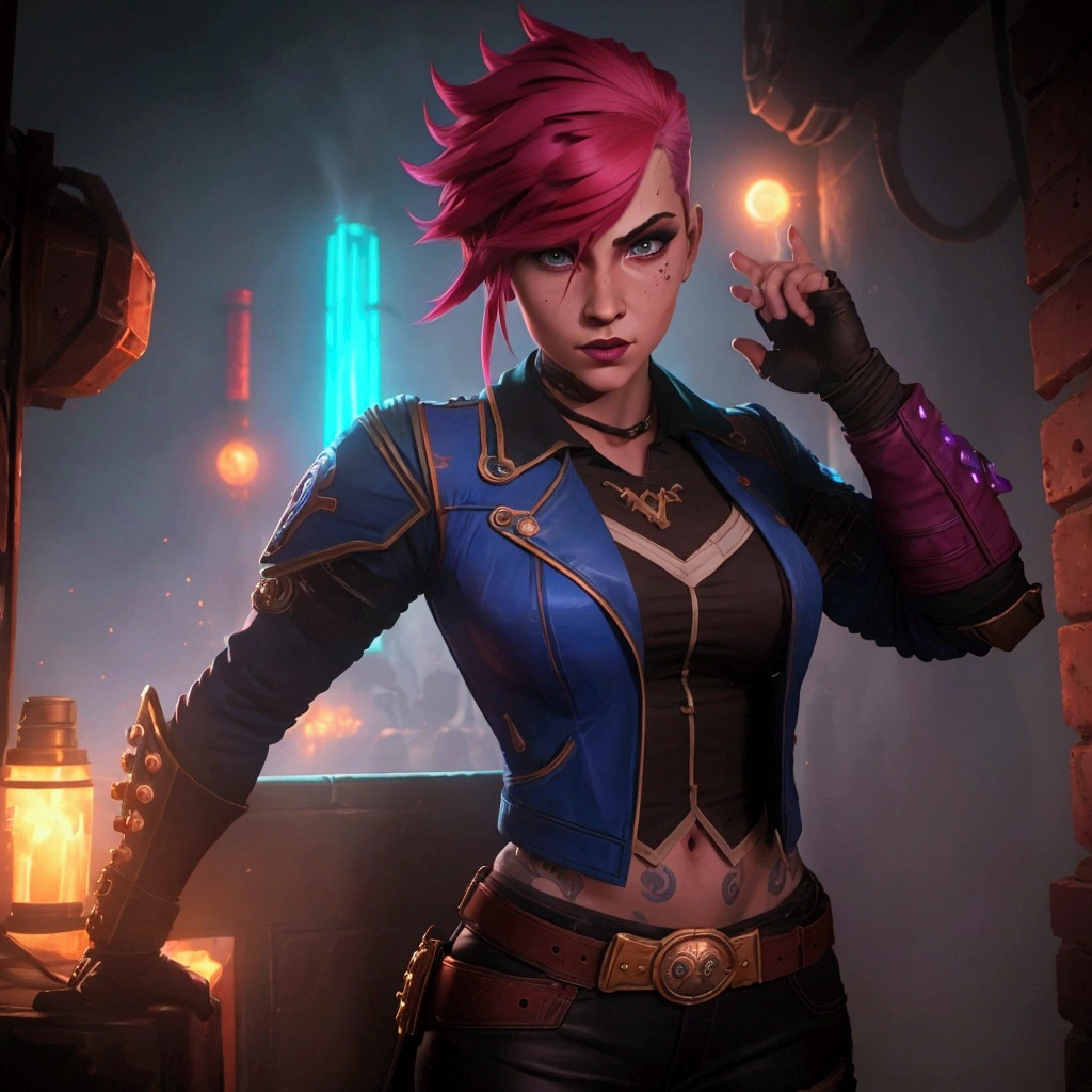 a close up of a woman with pink hair and a blue jacket, vi from arcane, portrait of jinx from arcane, arcane jinx, artgerm julie bell beeple, inspired by Jules Chéret, vi from league of legends, zarya, character splash art, samira from league of legends, league of legends character, kda