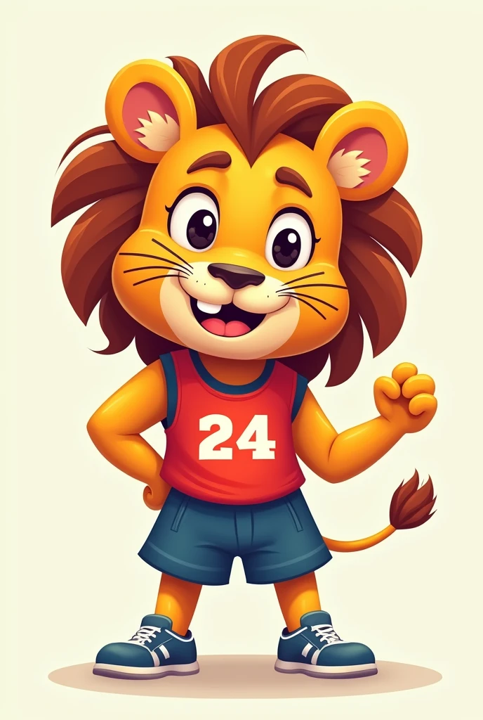 A small lion mascot with the number 24 on his red shirt and blue shorts