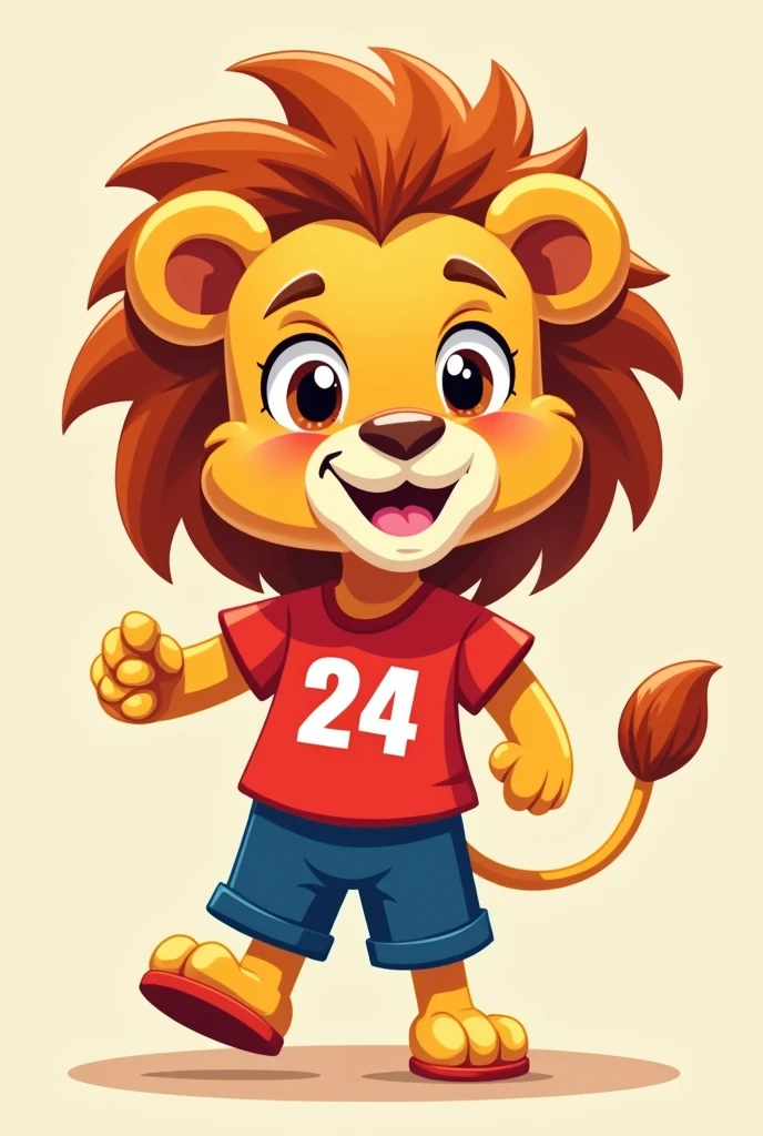 A small lion mascot with the number 24 on his red shirt and blue shorts