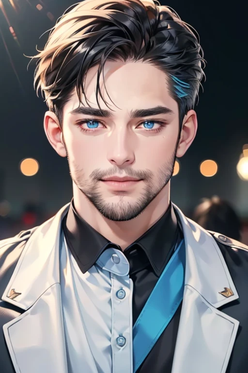 a handsome 3 man, 3 day beard, dark hair, sharp jawline, (mesmerizing blue eyes), perfectly styled hair, wearing cool anime outfitt, dynamic lighting, (CEO), (expression, smile in love), (best quality,4k,8k,highres,masterpiece:1.2),ultra-detailed,(realistic,photorealistic,photo-realistic:1.37)