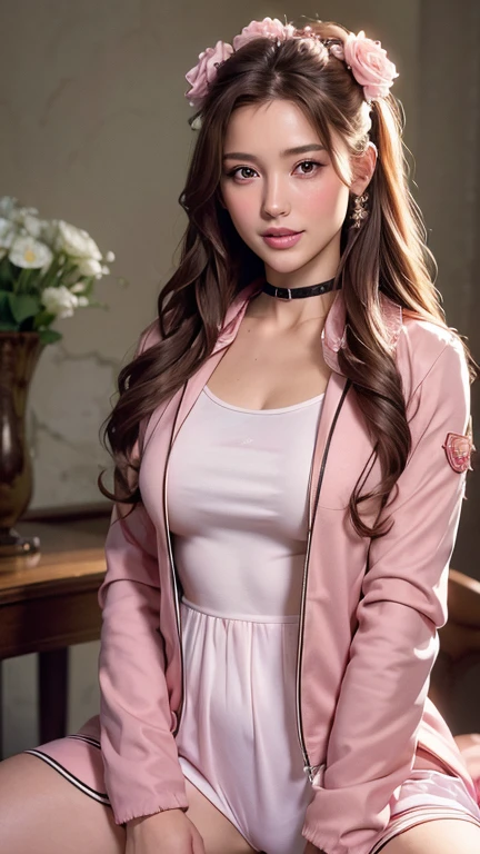 (masterpiece, best quality:1.4), (future days), (full of white flowers), (1girl), ((1)), solo, (european youth:1), aerith gainsborough, choker, cropped jacket, hair bow, bracelet, (((red jaket))), (((pink dress))), brown boots, very long hair, hair ribbons, hair flowers, strapless red dress, high heels hyperrealistic, high detailed skin, dslr, soft lighting, high quality, highly detailed face, highly detailed skin, skin pores, subsurface scattering, realistic pupils, medium breast, full face blush, full lips, detailed background, depth of field, volumetric lighting, sharp focus, absurdres, realistic proportions, good anatomy, ((light smile)), ((looking at viewer)), ((cowboy shot)), (realistic, hyperrealistic:1.4), 16k HDR, medium breasts, show vagina, spread legs.