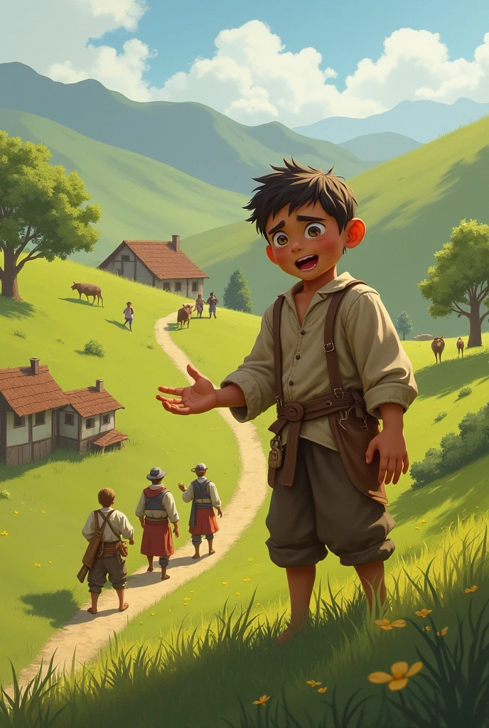 Text/Voiceover Prompt: "A shepherd boy thought it would be fun to shout 'Wolf!' even when there was no danger."Visuals: The boy calling out "Wolf!" while villagers rush up the hill, only to find nothing.