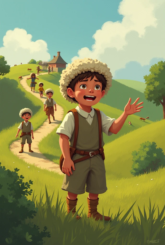 Text/Voiceover Prompt: "A shepherd boy thought it would be fun to shout 'Wolf!' even when there was no danger."Visuals: The boy calling out "Wolf!" while villagers rush up the hill, only to find nothing.