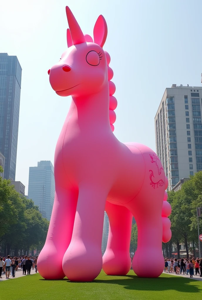 a 2-meter height eyeless pink pony blow-up doll on a grassland , (Practical, RAW photos, Ultra-fine transparent), Practical Light, city and street background, lots of people around,