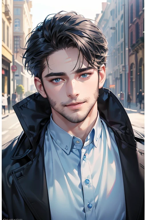 a handsome 3 man, 3 day beard, dark hair, sharp jawline, (mesmerizing blue eyes), perfectly styled hair, wearing cool anime outfitt, dynamic lighting, (CEO), (expression, smile in love), (best quality,4k,8k,highres,masterpiece:1.2),ultra-detailed,(realistic,photorealistic,photo-realistic:1.37)