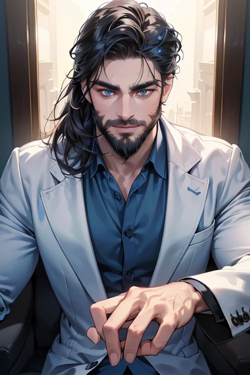a handsome 3 man, 3 day beard, dark hair, sharp jawline, (mesmerizing blue eyes), perfectly styled hair, wearing cool anime outfitt, dynamic lighting, (CEO), (expression, smile in love), (best quality,4k,8k,highres,masterpiece:1.2),ultra-detailed,(realistic,photorealistic,photo-realistic:1.37)