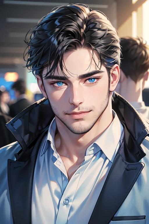 a handsome 3 man, 3 day beard, dark hair, sharp jawline, (mesmerizing blue eyes), perfectly styled hair, wearing cool anime outfitt, dynamic lighting, (CEO), (expression, smile in love), (best quality,4k,8k,highres,masterpiece:1.2),ultra-detailed,(realistic,photorealistic,photo-realistic:1.37)