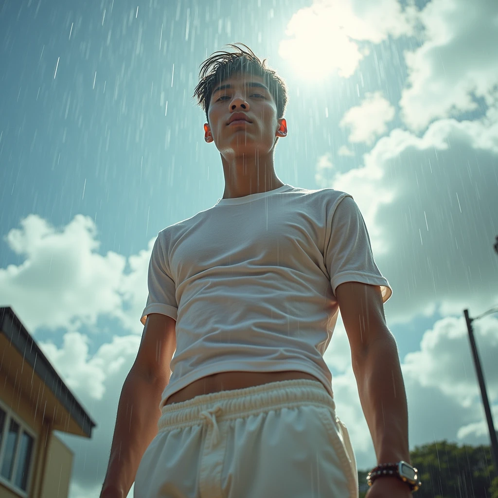 Behold a fashion editorial photo shoot featuring a photogenic and charming mixed Japanese 18 year yod male supermodel, natural pale skin tone with a fit and slander body stands confidently under a rain, The camera angle is a dramatic low-angle shot, looking up at the model from below, creating a sense of power and dominance in the composition. The model wears white sheer pants with thick bulge, white wet t shirt, which emphasizes his athletic physique, particularly his toned legs and strong posture. His stance is wide and firm, with one arm slightly extended forward, creating a dynamic perspective that draws the viewer's eye upward along his body to his face.
The environment is an raining and scattered clouds, contributing to the image's vibrant and energetic atmosphere. The sunlight is intense, casting strong, natural light on the model's body, which accentuates his muscular definition and adds depth to the image. adds a sense of realism and enhances the rainny feel of the scene.
The photograph is taken with a Canon EOS R5 camera paired with a Canon RF 16mm F2.8 STM lens. The wide-angle lens is perfect for capturing the model's full body while emphasizing the expansive sky above. The inspiration for this shot draws from the work of Bruce Weber, known for his bold, dynamic compositions and ability to capture the strength and beauty of the human form, soak clothes, wet hair and body:1.37,