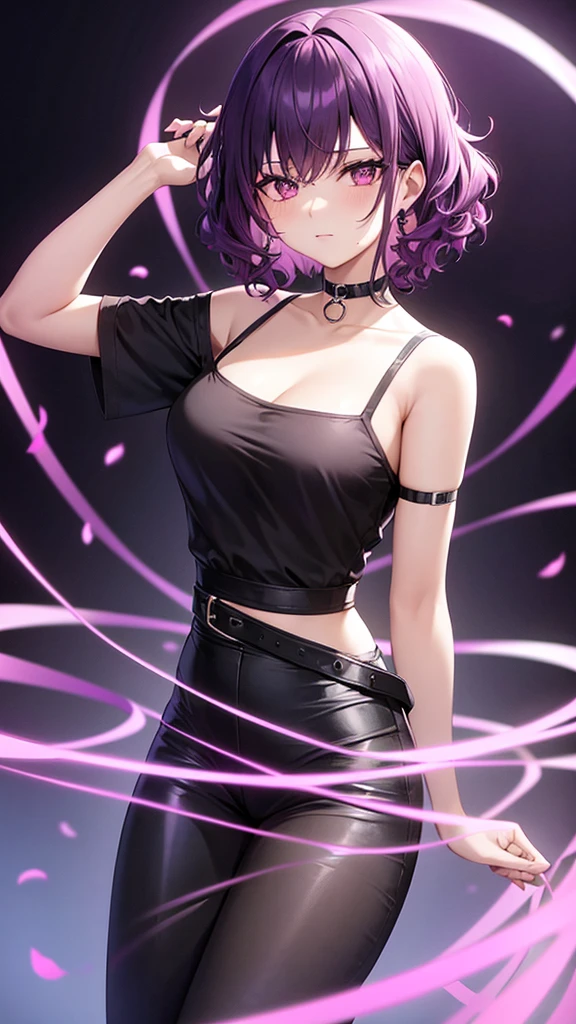 Beautiful girl wearing an open scientific gown, dark purple t-shirt, Black pants, black belt and a black choker around the neck, magenta hair, curly, short disheveled, hazel eyes, anime style, Madura, shonen, in a lab 