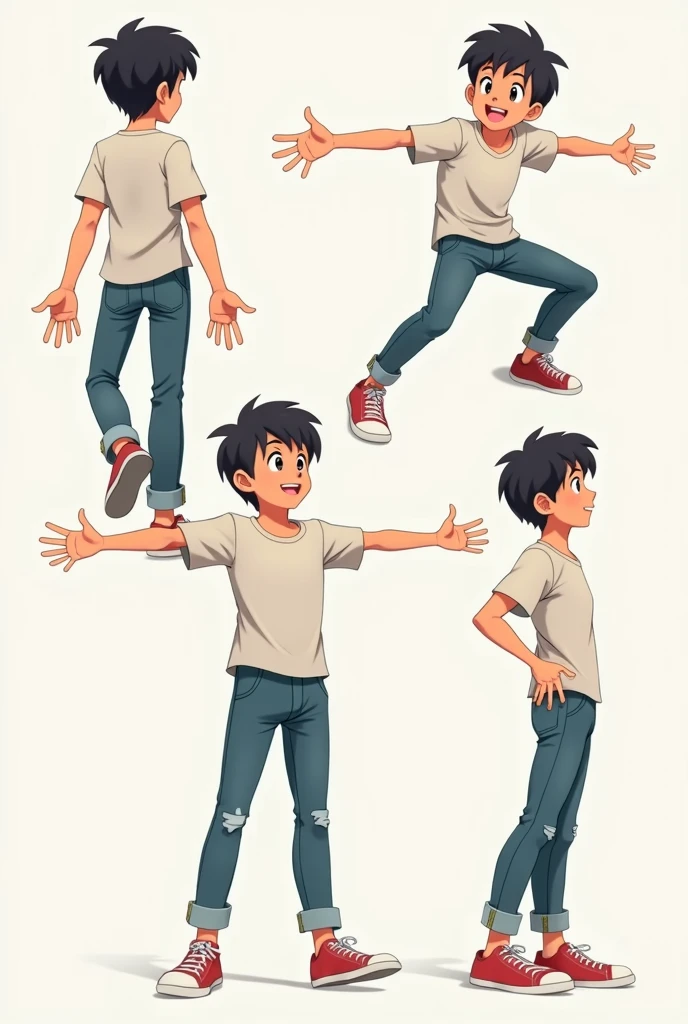 Anime boy in casual clothes with outstretched arms viewed from all sides, front and from above