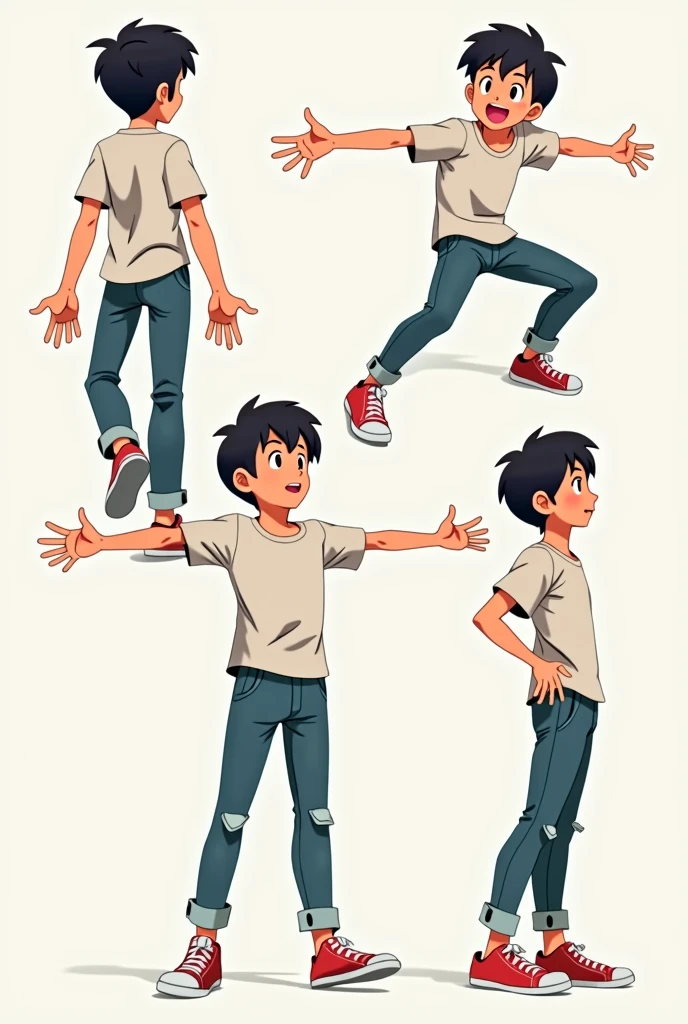 Anime boy in casual clothes with outstretched arms viewed from all sides, front and from above