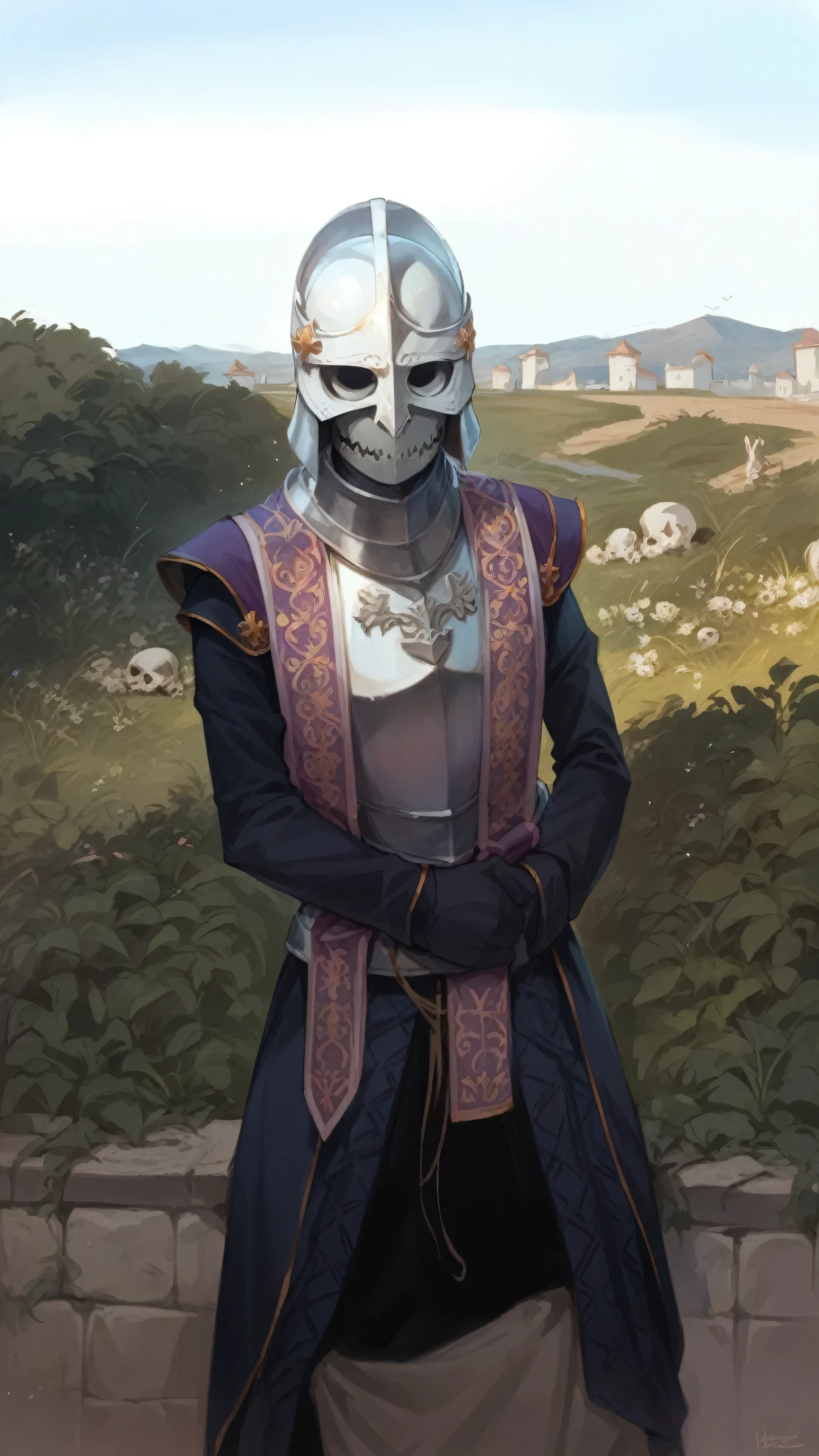 Knight in silver armor wearing a purple tabard and a silver helmet with a skull face and golden laurels forming a crown, drawing his sword with a clerical stole resting on his shoulders