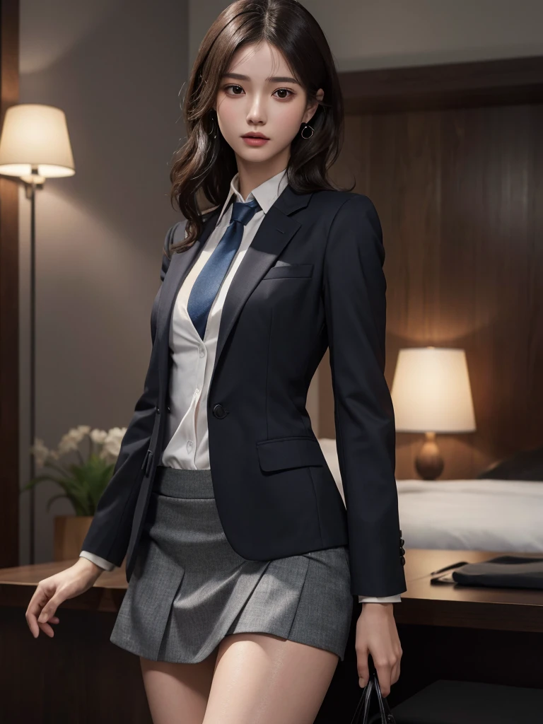 absurdres, RAW photo, extremely delicate and beautiful, masterpiece, Highest Quality, ultra high resolution, 32k, hyperrealistic, realistic, photorealistic, photo-realistic, Real, ultra-detailed, Very detailed CG 8k wallpaper, detailed background, landscape, Beautiful Lighting, Perfect Lightning, Realistic Shadows, perfect anatomy, anatomically correct, ideal ratio body proportions, perfect figure, Perfect Style, Perfect balance, super Detailed skin, 20 years old, very Slim body, narrow waist, very small head, very small face, delicate facial features, handsome detailed woman, very detailed eyes and face, realistic face proportions, Realistic beautiful face, Realistic beautiful eyes, tearful mole, earring, full body shot, whole body shot, very huge round tits, medium hair, asymmetrical hair, wavy hair, leg, thigh, wet clothes, business suit, jacket blazer, short skirt, ribbon blouse, office, tie,