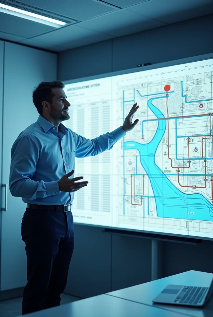 text2image(prompt='A water engineer showing a map of a water system, pipes and reservoirs')