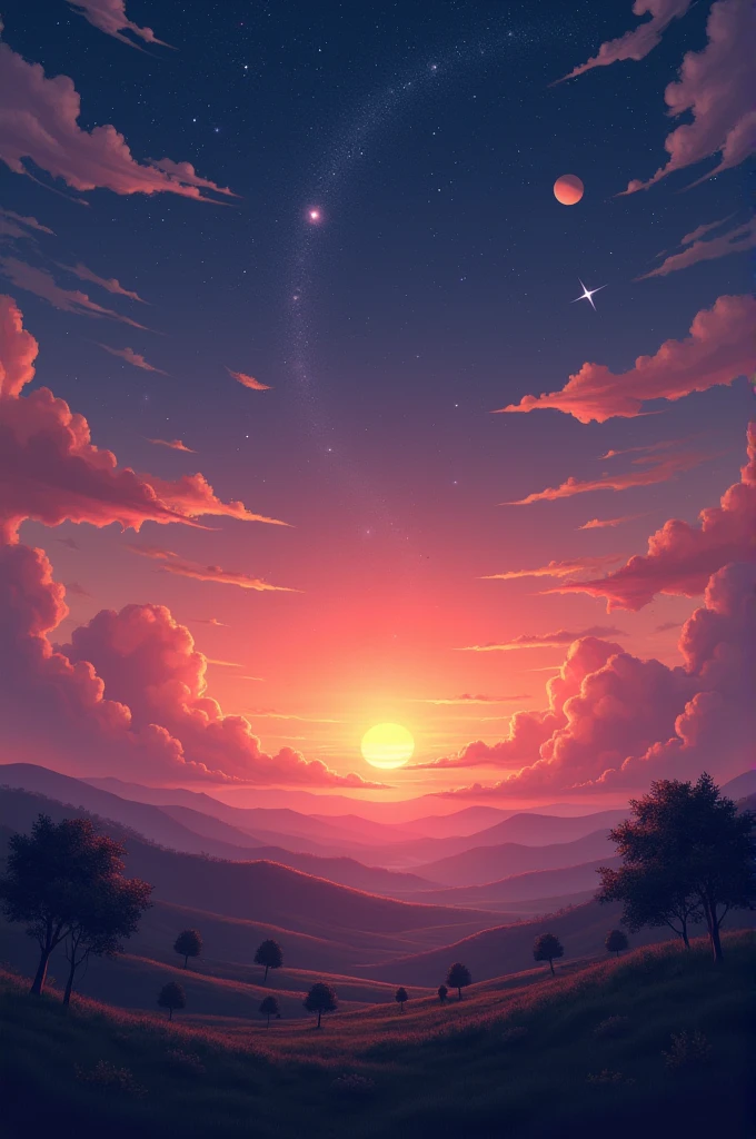A sunset with stars and planets