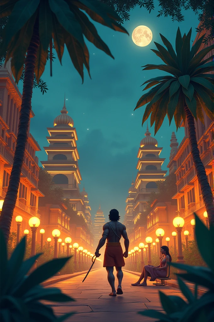 Ine cinematic 3D cartoon style"Exploration of Lanka: Hanuman moving stealthily through the streets of Lanka at night, with golden palaces and demons patrolling the area, as he searches for Sita.

Discovery of Ashok Vatika: Hanuman discovering the lush and serene Ashok Vatika filled with flowering trees, streams, and vibrant vegetation.: