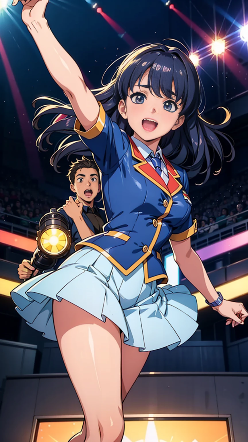 A 3D animation-style illustration focusing on a high school girl singing karaoke. The character is shown up close, wearing a school uniform and holding a microphone, singing with passion and joy. The background is blurred with colorful lights and decorations, emphasizing the girl as the central figure. Her expression is lively and full of energy, capturing the excitement of the moment in a style similar to Pixar or DreamWorks animation.