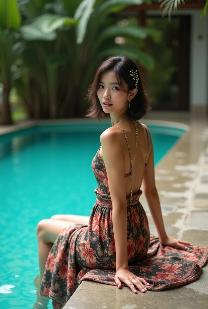 beautiful indonesian model with small  posing at the swimming pool wearing beautiful dress