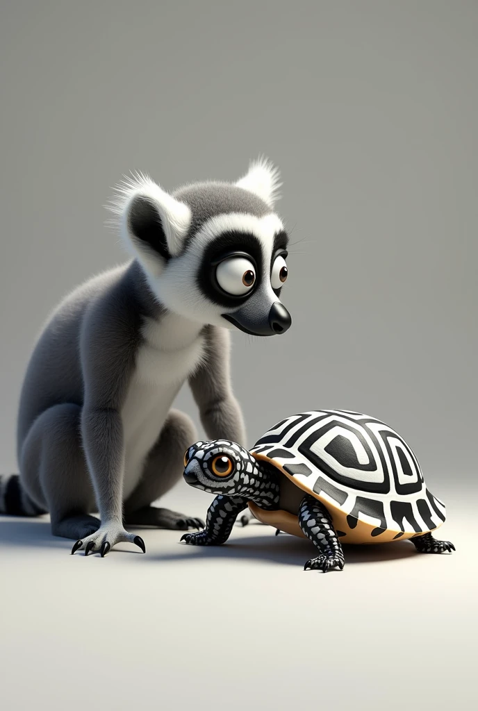 Lemur on black and white turtle