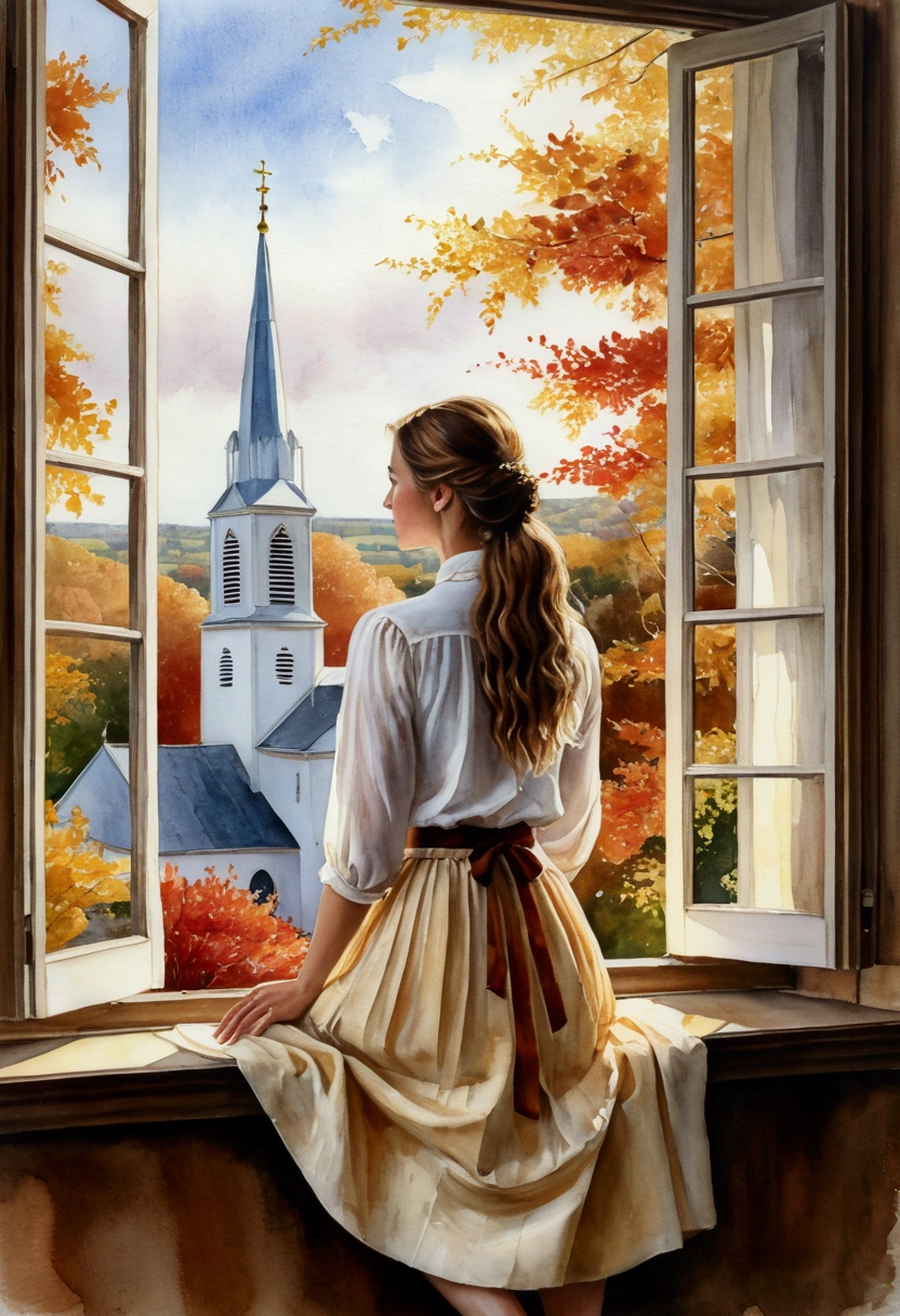 "create an ultra realistic, beautifully detailed watercolor scene of a young woman sitting on a windowsill, looking out at an autumn landscape. The woman has long, wavy brown hair tied back and is wearing a simple white blouse paired with a flowing skirt of warm colors The open window frames a picturesque view of a quaint village with a church steeple, surrounded by golden autumn leaves Sunlight filters through the leaves, casting a soft, warm glow on the scene. serene autumn day. An ultra realistic watercolor image, 8K"