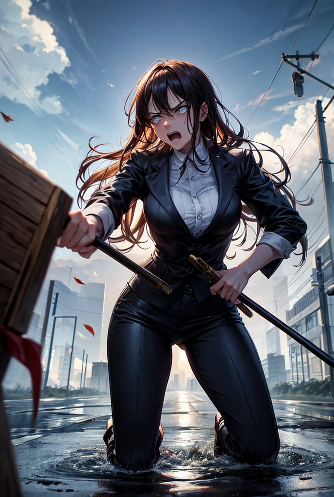 Anime style image, a terrifying scene in front of the house, a tall, gigantic wife with a baton in her arm and an angry face, chasing after her terrified husband, the road is covered with fallen leaves and standing water on the road, the husband runs away in panic, his face shows fear and despair, the wife reaches out her hand as if to grab prey, the sky is dim, making the atmosphere look even more terrifying, there is a strong sense of danger and urgency.