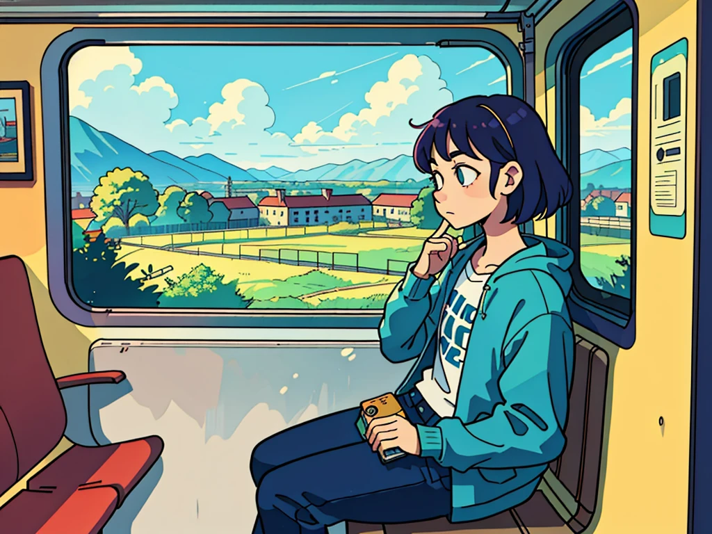 Someone is sitting on a train bench and looking out a window at the landscape passing by, Elogio Artstyle, Arte Lofi, lofi aesthetic, Lofi Sensation, Hip Hop Lofi, , Retrato Lofi, lo fi, arte lo-fi, vibe, badass vibes , cores , lofi girl aesthetic