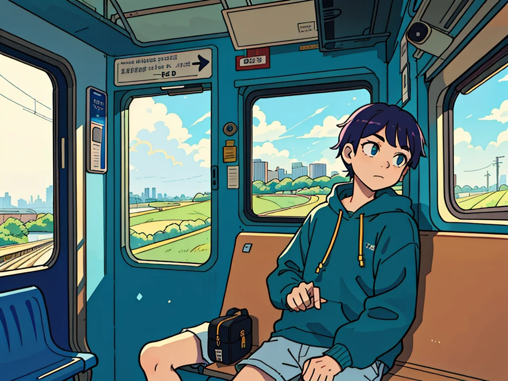 Someone is sitting on a train bench and looking out a window at the landscape passing by, Elogio Artstyle, Arte Lofi, lofi aesthetic, Lofi Sensation, Hip Hop Lofi, , Retrato Lofi, lo fi, arte lo-fi, vibe, badass vibes , cores , lofi girl aesthetic