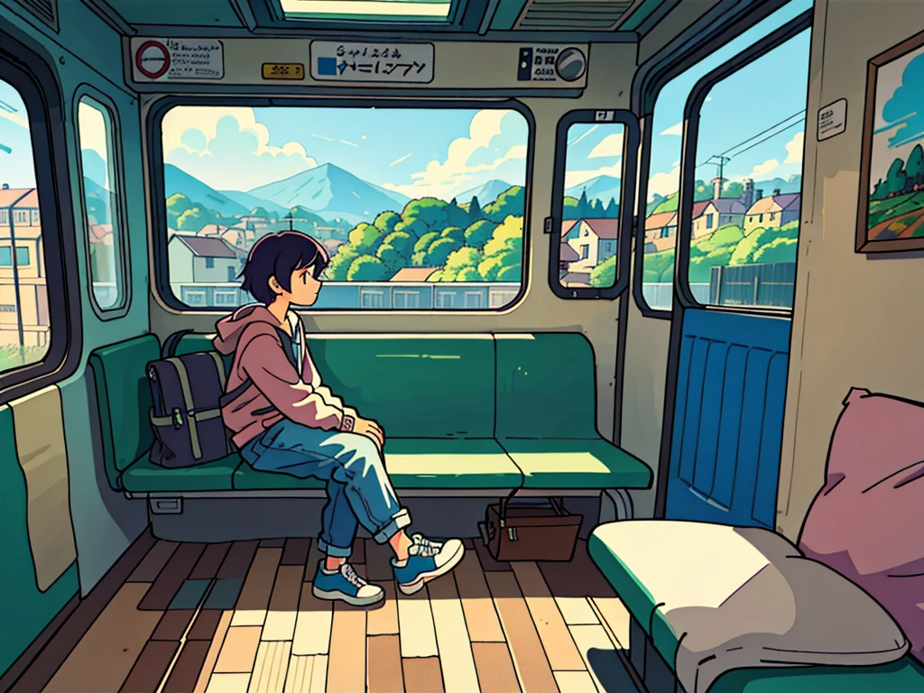 Someone is sitting on a train bench and looking out a window at the landscape passing by, Elogio Artstyle, Arte Lofi, lofi aesthetic, Lofi Sensation, Hip Hop Lofi,  , Retrato Lofi, lo fi, arte lo-fi, vibe, badass vibes , cores , lofi girl aesthetic