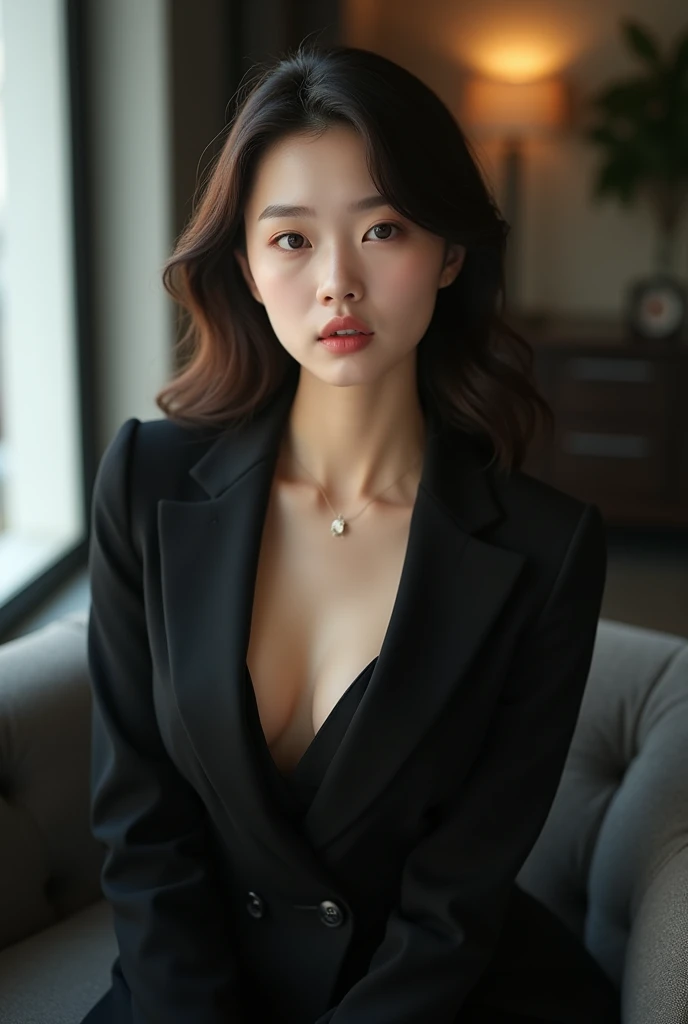 Photoshoot debut girlgrup. Rank 4 trainee. Lead vocalist. Korean. Shoulder hair. Elegant concept black.