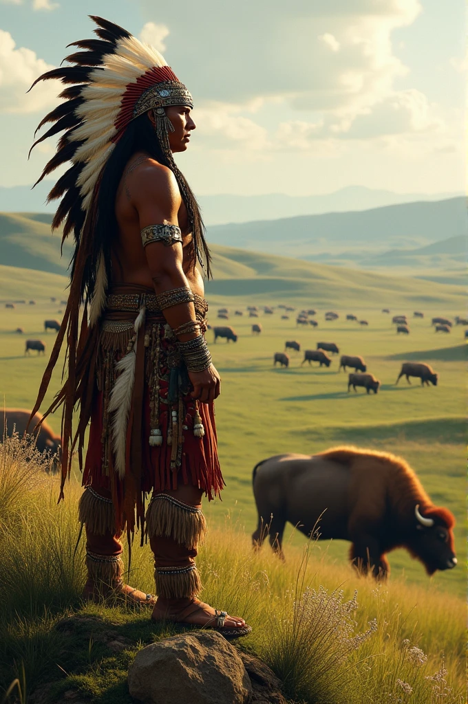 Great Apache chief watching the buffalo grazing on the great prairie