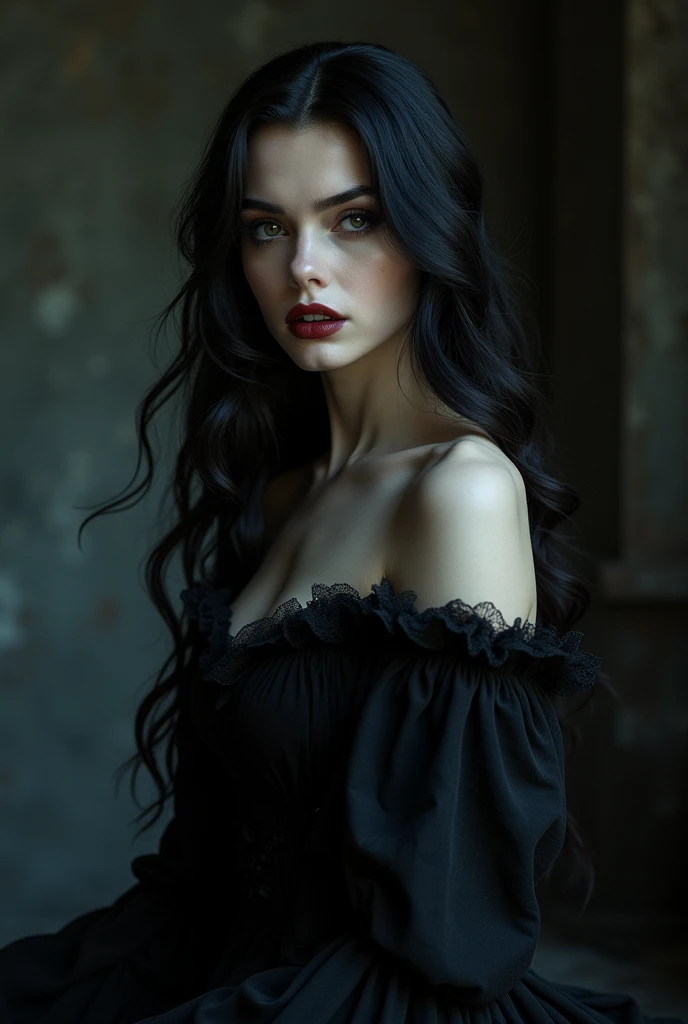 a stunning vampire girl, long hair, fangs, beautiful detailed eyes, beautiful detailed lips, big lips extremely detailed face, long eyelashes, pale skin, gothic dark fashion, flowing black dress, dramatic lighting, dark moody atmosphere, cinematic, chiaroscuro, dramatic shadows, dramatic contrast, dark moody color palette, rich textures, intricate details, photorealistic, 8k, high quality, masterpiece